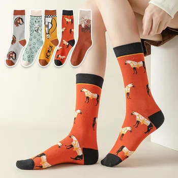 1 пара хлопок мода харадзюку винтаж женские смешные носки мультфильм оранжевая лошадь милые кошки лев уличная посуда милые девушки сокс осень