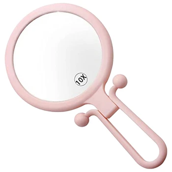 10X ручная лупа, двустороннее складное зеркало для макияжа, портативное ручное зеркало с регулируемой ручкой (розовый)