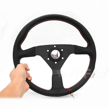 14-дюймовое спортивное рулевое колесо Drift из натуральной кожи Красная линия Плоское модифицированное рулевое колесо