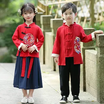 2 шт./комплект Китайский детский костюм Тан 2024 Новый год Дракон Красный Топ Юбка Ханфу Косплей Костюм