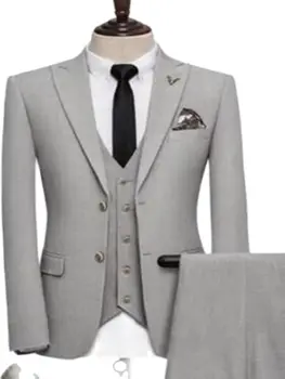 2022 Изготовленный на заказ костюм Homme Grey Мужские костюмы 3 шт. (куртка + брюки + жилет + галстук)Жених Выпускной блейзер Брюки Званый ужин Одежда