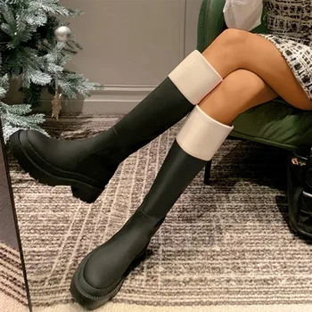 2022 Осень Новые Womne Knee High Boots Женские туфли на платформе из микрофибры с толстым дном Женские смешанные цвета Задний рыцарский ботинок на молнии