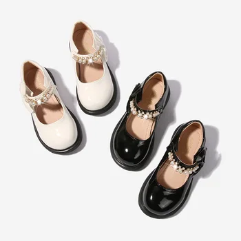 2023 Новая детская кожаная обувь Обувь для девочек на мягкой подошве с туфлями для вечеринок Princess School Kids Pearl Bowknot Performance Shoes