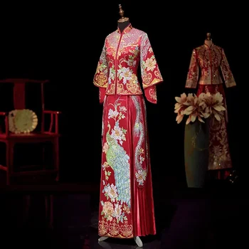 2024 High Quaity Cheongsam Традиционное китайское свадебное платье с вышивкой павлина Невеста Дракон Феникс Платье Банкет Вечернее платье