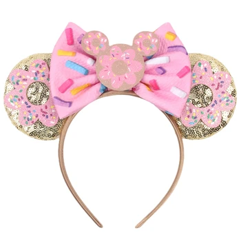 2024 Новый милый принт пончиков Микки Маус Повязка на голову для девочек День рождения Disney Ear Ткань Бант Повязка для волос Женщины Дети Аксессуары для волос