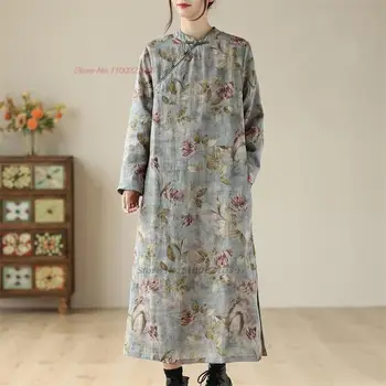 2024 Традиционное винтажное платье Улучшенное Ципао Национальный цветочный принт флисовое платье Чонсам на подкладке Восточное ретро народное платье Ципао