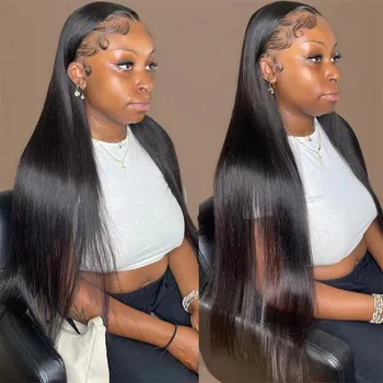 30 40-дюймовый прямой кружевной передний парик из человеческих волос 13X4 кружевной фронтальный парик с детскими волосами, предварительно выщипанный бесклеевой парик для чернокожих женщин