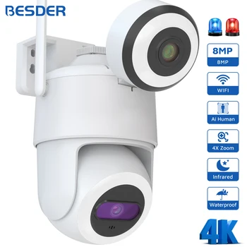 8 МП PTZ-IP-камера Обнаружение человека Автоматическое слежение На открытом воздухе 4 МП Двойной экран CCTV Wi-Fi Камера наблюдения Защита безопасности iCSee