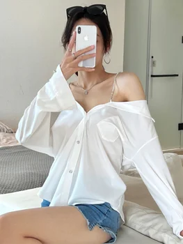 ADAgirl Белая рубашка с открытыми плечами Сексуальные элегантные блузки с длинным рукавом для женщин Корейская мода Шифон Прозрачные однотонные свободные топы