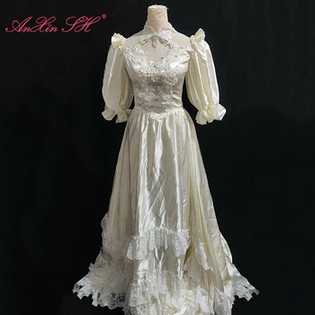 AnXin SH винтажный белый атласный цветок принцесса кружево с высоким воротником оборки из бисера жемчуг с коротким пышным рукавом невеста антикварное свадебное платье