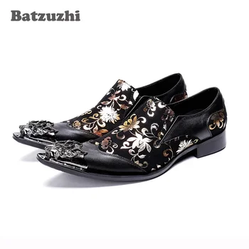 Batzuzhi Итальянская модель Мужская обувь Мода Черная кожаная деловая обувь Мужчины Остроконечный дракон Металлический наконечник Вечеринка, Prom zapatos de hombre