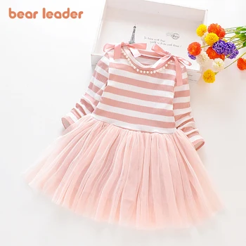 Bear Leader Платье для девочек 2023 Весна и осень Новая полосатая с длинными рукавами и плечевым бантом Лоскутное сетчатое платье Полосатый бант
