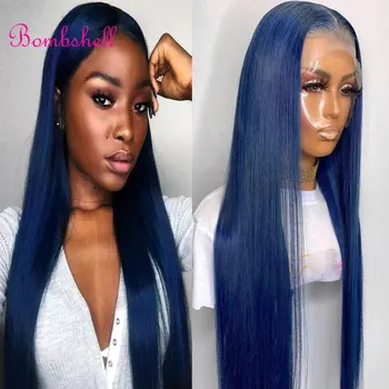 Bombshell Темно-синие прямые синтетические волосы 13X4 Кружевные передние парики Выщипанные волосы Высококачественное термостойкое волокно для женщин