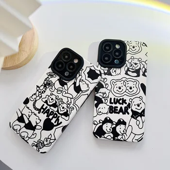 Cartoo Disney Sketch Pooh Bear Pattern Case Чехол для iPhone 7 8 Plus X XR XS Max 11 12 13 14 Pro Max Fashion Soft TPU Lens Full Cover