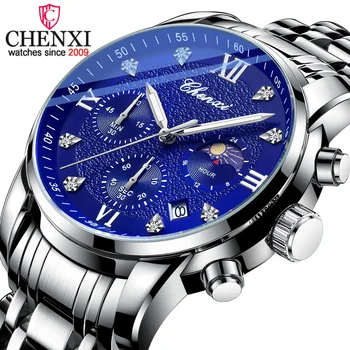 CHENXI 921 Модные новые часы Мужские роскошные кварцевые наручные часы из нержавеющей стали Водонепроницаемые спортивные часы Часы Фазы Луны