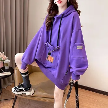 DAYIFUN-Толстовки оверсайз Женщины Корейская Мода Карманная панель Дизайн Толстовки с капюшоном Леди Y2K Повседневные свободные топы Осень-зима