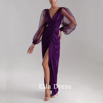 Ella Простое вечернее платье с V-образным вырезом и длинными рукавами Шифон Плиссированный Формальный А-образный вырез Выпускное платье для вечеринки Арабский халат