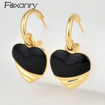 Foxanry 1 пара модных черных серег с каплями глазури для женщин элегантные простые винтажные любовные сердца геометрические ювелирные изделия для предотвращения аллергии