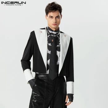 INCERUN Tops 2023 Модные мужские костюмные пальто с металлическими пуговицами Повседневная горячая распродажа Укороченный контрастный цвет Блейзер с длинными рукавами S-5XL