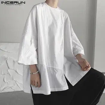 INCERUN Топы 2023 в корейском стиле Новые мужские рубашки с раздельным рукавом семь четвертей Повседневная уличная блузка без воротника S-5XL