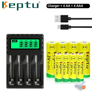 KEPTU 4 шт. 2200 мАч 1,2 В Ni-MH AA аккумуляторная батарея + 4 аккумуляторные батареи AAA 900 мАч и ЖК-дисплей Умное быстрое зарядное устройство USB