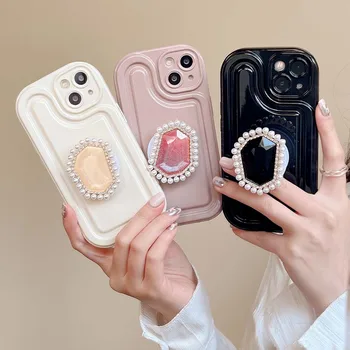 Korea Cute Candy Color Gem Stand Мягкие задние крышки для iPhone 14 13 12 11 Pro Max Plus с бриллиантовым жемчугом Держатель кольца Чехол для телефона