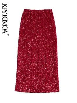 KPYTOMOA-Женская блестящая юбка миди для вечеринок с пайетками, высокая талия с эластичным поясом, женские юбки, мода