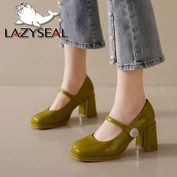 LazySeal 8 см высокий каблук мэри джейн женская обувь хрустальная пряжка зеленый цвет лакированная кожа гладиатор сандалии для женских платьев обувь