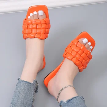 Maogu Женские плоские сандалии с квадратным носком Плюс размер 43 Плетение Мягкие тапочки для женщин Лето 2024 оранжевый пляж тапочки бесплатная доставка