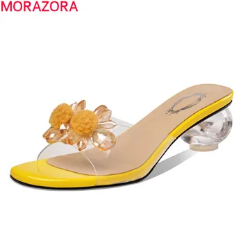 MORAZORA большой размер 34-43 модные женские тапочки на каблуках с квадратным носком обувь для вечеринок прозрачные мюли обувь черный желтый