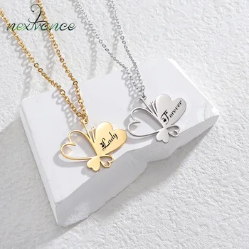 Nextvance Custom Ожерелье с двойным сердцем Бабочка Выгравированное имя Кулон из нержавеющей стали Персонализированные ювелирные изделия Подарок для женщин Ребенок