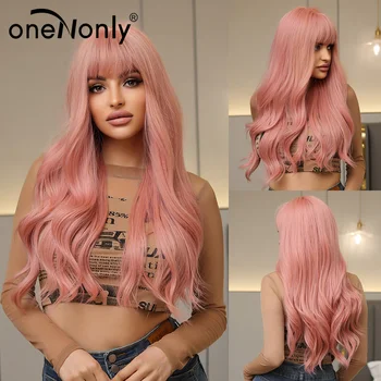 OneNonly Розовые длинные волнистые парики для косплея с искусственными волосами с челкой для белых женщин Водяная волна Хэллоуин Жара Парик