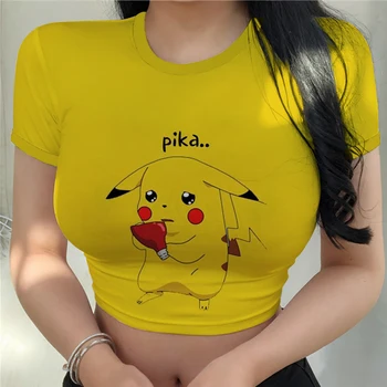Pikachu Kawaii Женская одежда Летние футболки с O Neck Топы Y2k Pokemon New Crop Top 2023 Модная футболка Футболка с коротким рукавом Пикачу