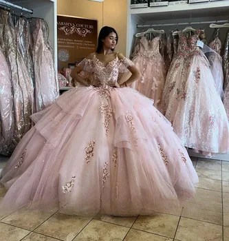 Rose Princess Quinceanera Платья Бальное платье с открытыми плечами Тюль Аппликации Sweet 16 Платья 15 Años Custom