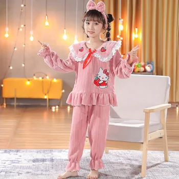 Sanrio Hello Kitty Аниме Детская пижама Фланель Осень Зима Коралловый флис Утолщение Сохраняйте тепло Спортивный костюм Пижама Маленькая принцесса