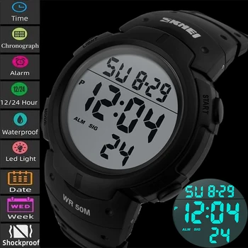 Skmei Военные спортивные часы для мужчин Мода Большой циферблат 5 ATM Водонепроницаемые плавательные светодиодные цифровые электронные наручные часы Reloj Masculino