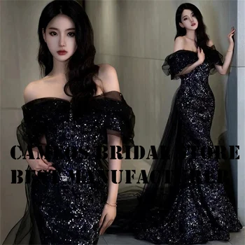SONDR День рождения Корея Вечернее платье с открытыми плечами Изготовленное на заказ вечернее платье с пайетками Черное роскошное вечернее платье Свадебное