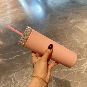 Sparklng Чашка с соломой ручной работы со стразами Бутылки для воды 450 мл для девочек Bling Розовый стакан с соломенными подарками для нее милой