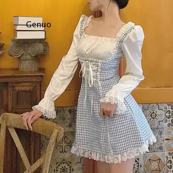 Sweet Girl Французское винтажное нежное кружевное платье феи с квадратным воротником и пышными рукавами Элегантная кавайная женщина милая Лолита Клетчатое платье