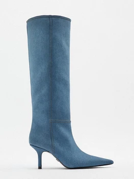 UVRCOS Осенние джинсовые синие западные сапоги Сексуальные сапоги для верховой езды с острым носком для женщин Тонкие каблуки Knee High Shoes