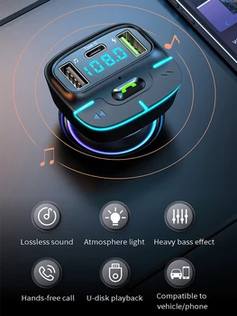 Авто Bluetooth FM Передатчик Двойной USB QC3.0 Быстрое зарядное устройство Атмосферный свет BT5.3 Беспроводная громкая связь Аудио Ресивер Авто MP3 Плеер