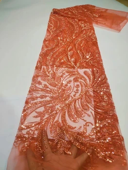 Африканские пайетки Кружевная ткань Оранжевая вышитая нигерийская кружевная ткань 2023 Высококачественные кружева Жених Тюль Французское кружево для платья