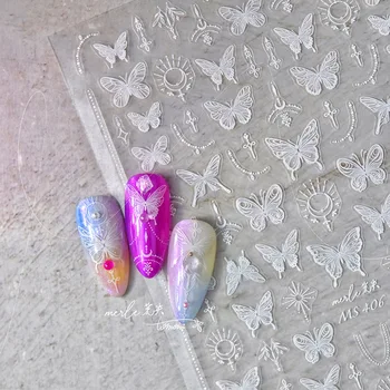 белый крыло бабочки красочный горный хрусталь жемчужная лента девушка 5D мягкий рельефный рельеф для ногтей наклейка 3D наклейка украшение маникюр