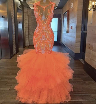 Блестящие оранжевые выпускные платья 2024 года Роскошная черная девушка Длинная русалка с пайетками с тюлем Женщины Формальное вечернее гала-платье для свадьбы