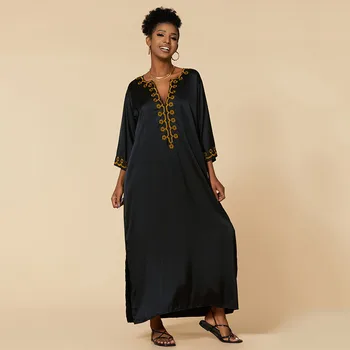Большие размеры Черное пляжное платье кафтан для женщин Вышитое бикини с V-образным вырезом Прикрытие с коротким рукавом Повседневная курортная одежда Африканский халат