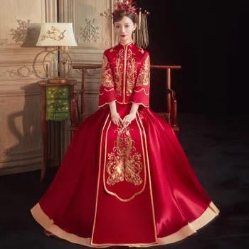 Большой размер Китайские женщины Свадебное платье Изысканный свадебный набор с вышивкой Китайский стиль Одежда невесты Восточный Cheognsam 8XL 9XL
