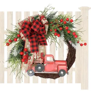 Входная дверь Рождественские венки Красный грузовик Рождественский венок Художественное и реалистичное рождественское украшение для входного крыльца