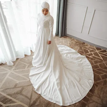  Высокое качество Мусульманские 2023 А-силуэт Свадебные платья Блестки Атлас Высокий воротник Аппликация Щетка Поезд Платья Невесты Robe de Mariée