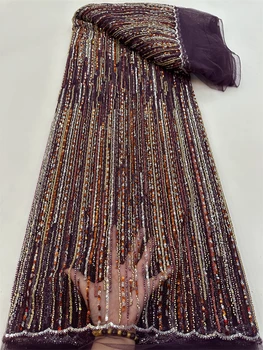  Высшее качество Африка Вышитая Тюль Ткань Ручной Работы С Бисером Роскошный Алжир Пайетки Сетка Кружево Вечернее Свадебное Платье Rf