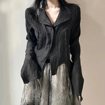 Готические Женщины Черные рубашки Корейский Темный Академический Женский Дизайн Нерегулярные Топы Весенняя Мода Уличная Блузка Y2K